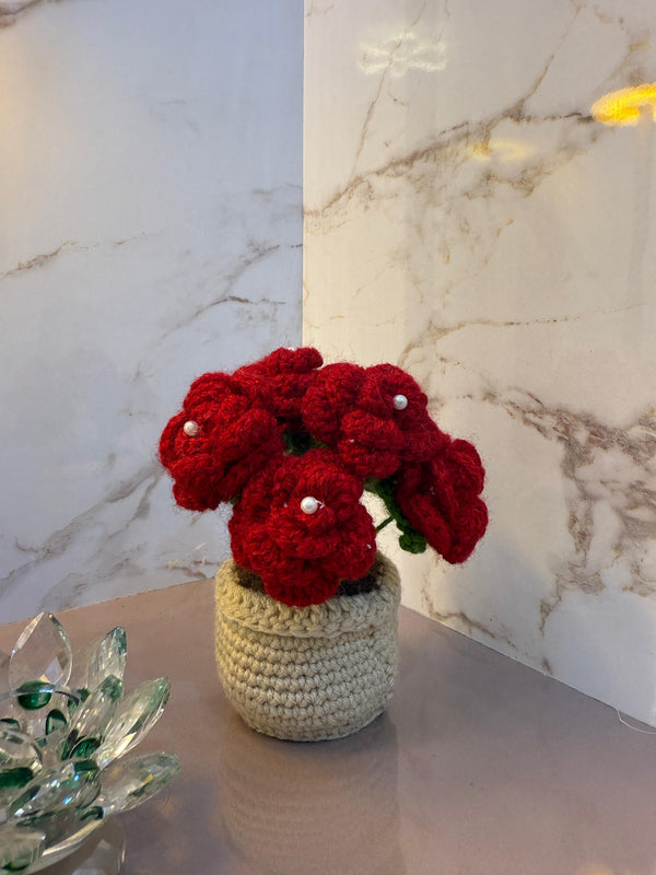'Velvet Bloom' Rose Crochet Bouquet Pot